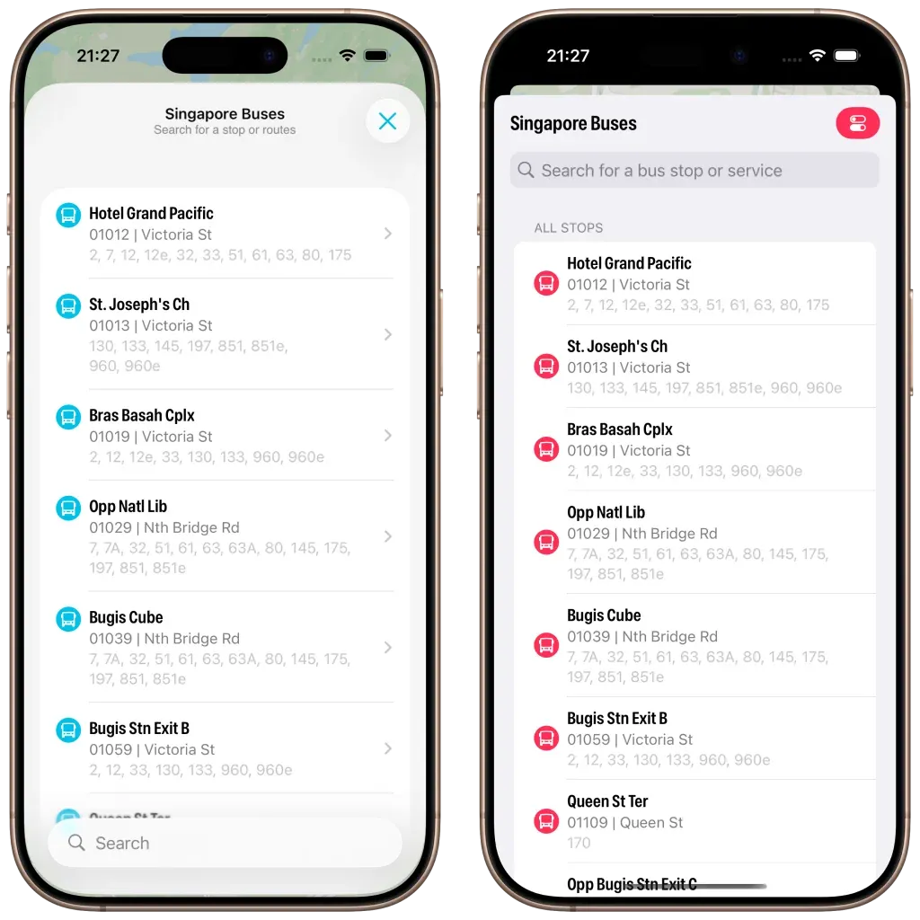 Screenshot of Singapore Buses search.