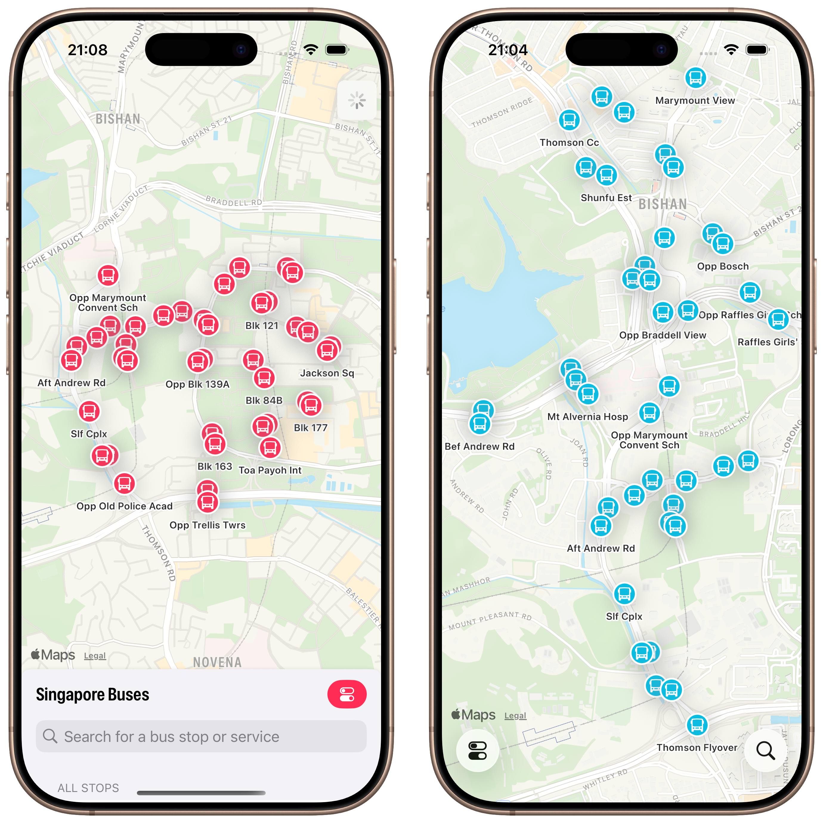 Screenshots showing Singapore Buses UI.