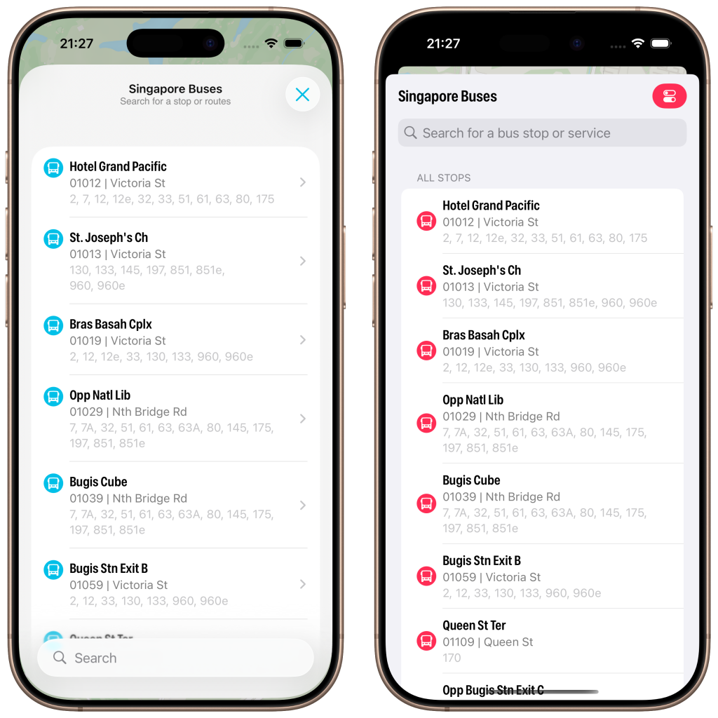 Screenshot of Singapore Buses search.