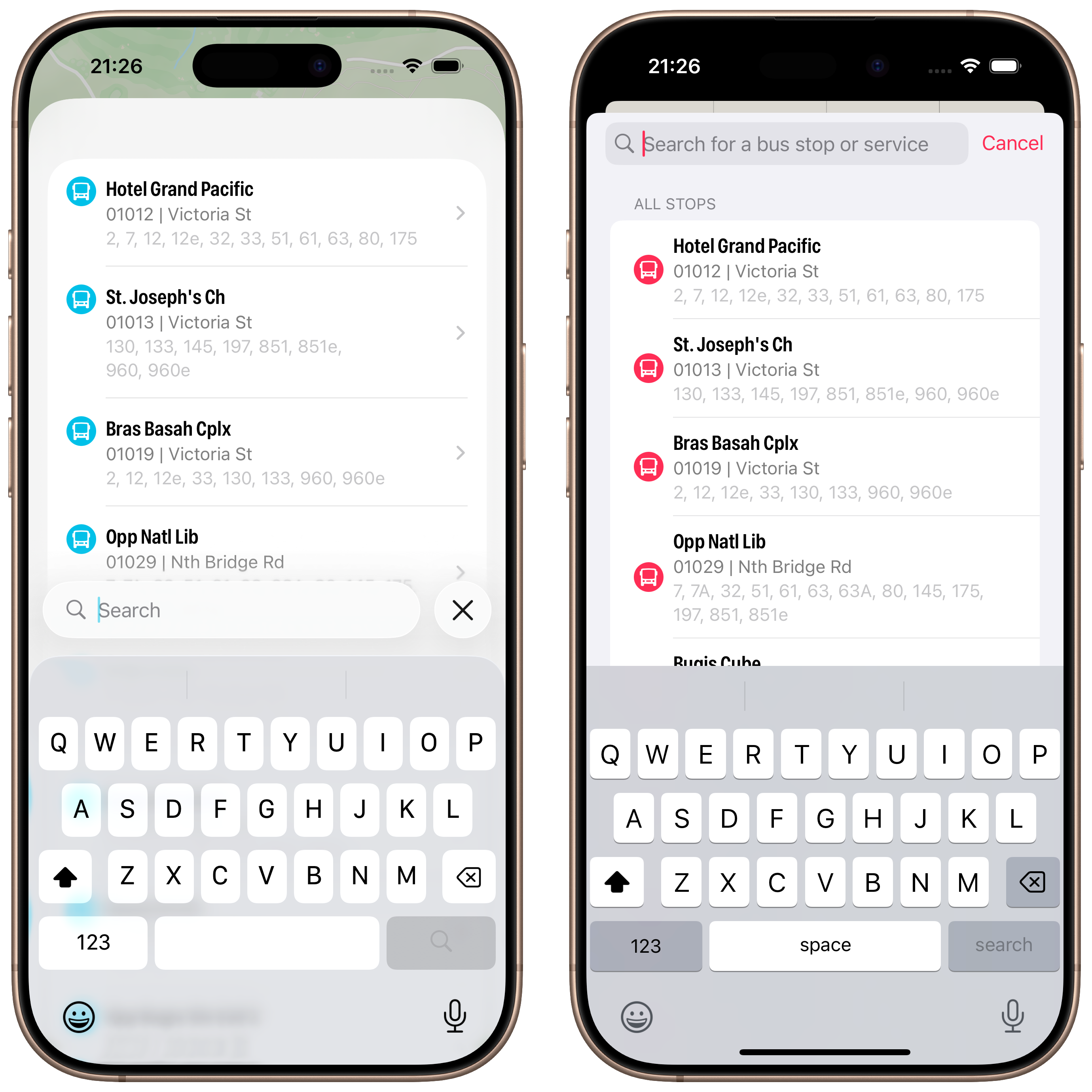 Screenshot of Singapore Buses Search with keyboard enabled.